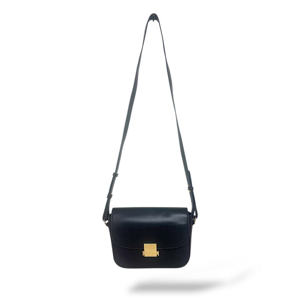 LOFT Modern Shoulder Bag Black Crossbody Gold Clasp Style 763222